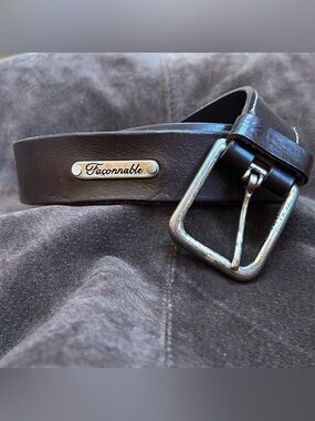 Faconnable Men’s Brown Leather Belt with Metal Logo Plate